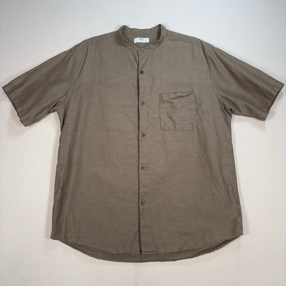 Uniqlo Linen-Cotton Shirt Mens L Olive Green Stand Collar Pocket Resort Vacation